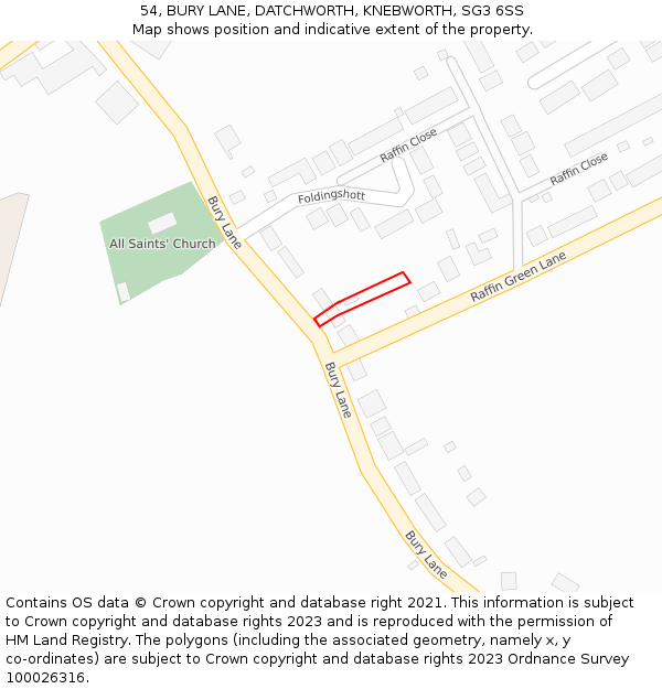 54, BURY LANE, DATCHWORTH, KNEBWORTH, SG3 6SS: Location map and indicative extent of plot