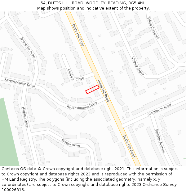 54, BUTTS HILL ROAD, WOODLEY, READING, RG5 4NH: Location map and indicative extent of plot