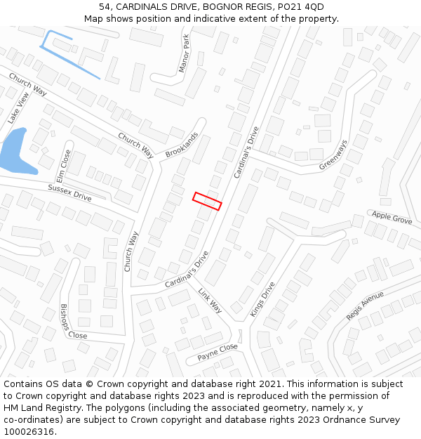 54, CARDINALS DRIVE, BOGNOR REGIS, PO21 4QD: Location map and indicative extent of plot