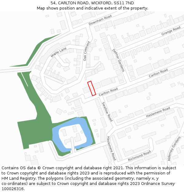 54, CARLTON ROAD, WICKFORD, SS11 7ND: Location map and indicative extent of plot