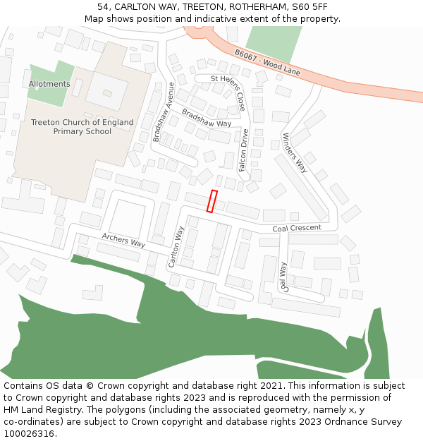 54, CARLTON WAY, TREETON, ROTHERHAM, S60 5FF: Location map and indicative extent of plot