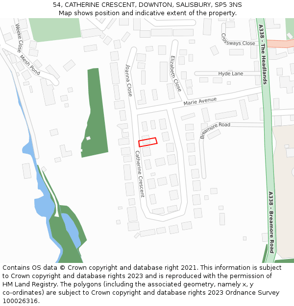 54, CATHERINE CRESCENT, DOWNTON, SALISBURY, SP5 3NS: Location map and indicative extent of plot