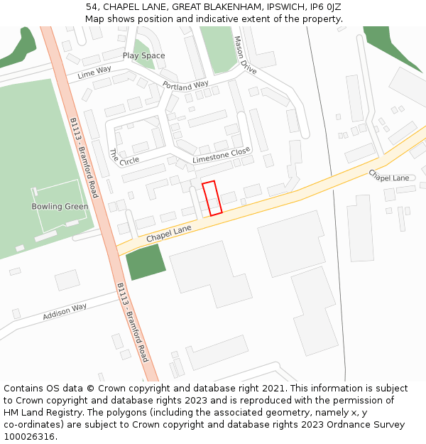 54, CHAPEL LANE, GREAT BLAKENHAM, IPSWICH, IP6 0JZ: Location map and indicative extent of plot