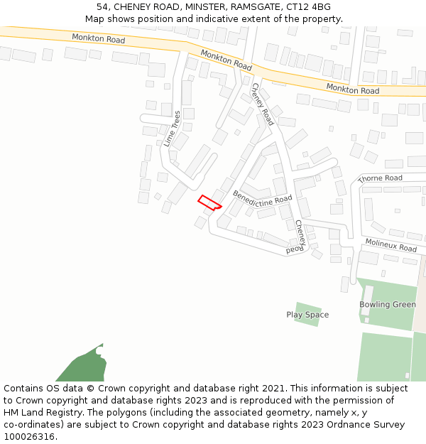 54, CHENEY ROAD, MINSTER, RAMSGATE, CT12 4BG: Location map and indicative extent of plot