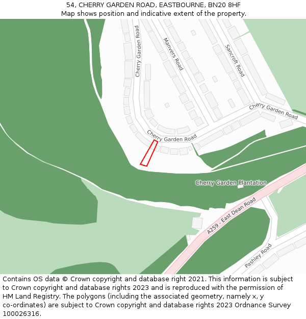 54, CHERRY GARDEN ROAD, EASTBOURNE, BN20 8HF: Location map and indicative extent of plot