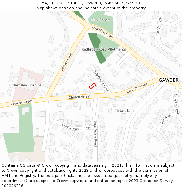 54, CHURCH STREET, GAWBER, BARNSLEY, S75 2RJ: Location map and indicative extent of plot