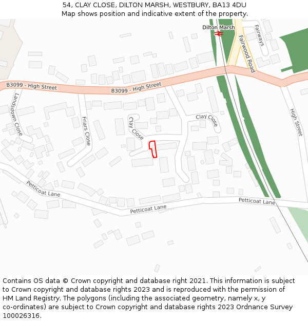 54, CLAY CLOSE, DILTON MARSH, WESTBURY, BA13 4DU: Location map and indicative extent of plot