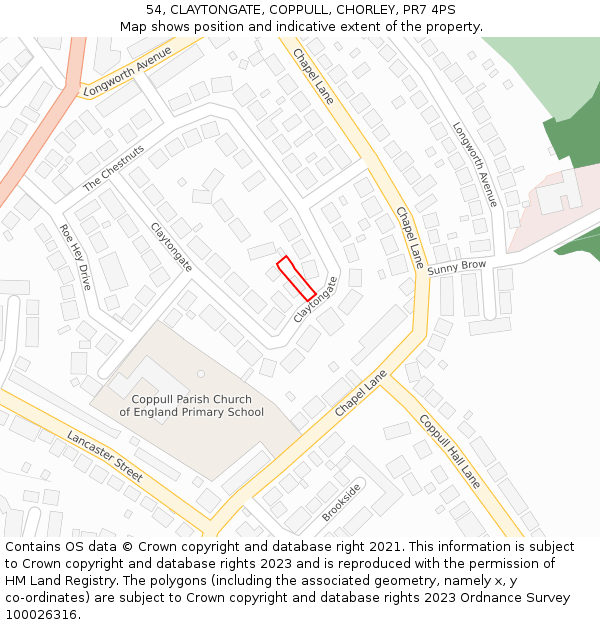 54, CLAYTONGATE, COPPULL, CHORLEY, PR7 4PS: Location map and indicative extent of plot