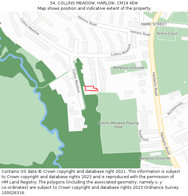 54, COLLINS MEADOW, HARLOW, CM19 4EW: Location map and indicative extent of plot