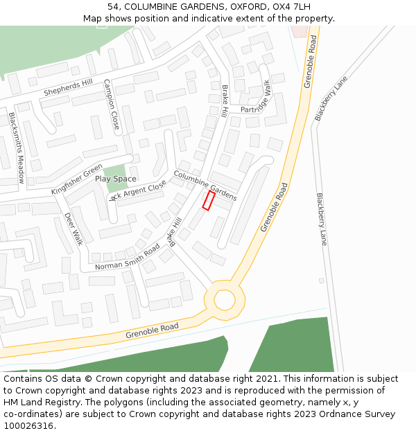 54, COLUMBINE GARDENS, OXFORD, OX4 7LH: Location map and indicative extent of plot