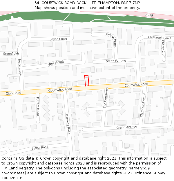 54, COURTWICK ROAD, WICK, LITTLEHAMPTON, BN17 7NP: Location map and indicative extent of plot