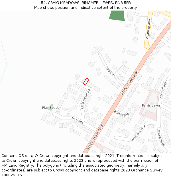 54, CRAIG MEADOWS, RINGMER, LEWES, BN8 5FB: Location map and indicative extent of plot