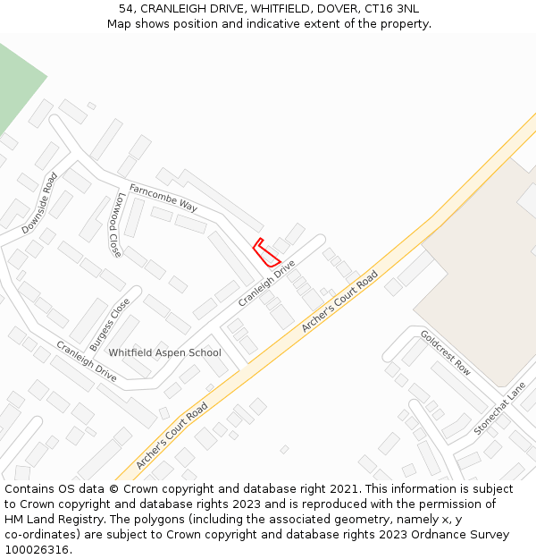 54, CRANLEIGH DRIVE, WHITFIELD, DOVER, CT16 3NL: Location map and indicative extent of plot