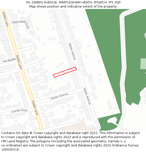 54, DEBEN AVENUE, MARTLESHAM HEATH, IPSWICH, IP5 3QP: Location map and indicative extent of plot