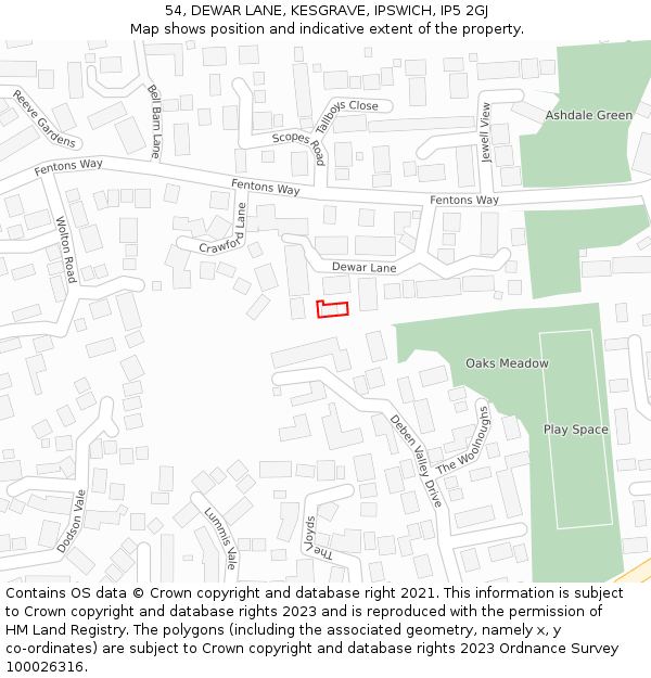 54, DEWAR LANE, KESGRAVE, IPSWICH, IP5 2GJ: Location map and indicative extent of plot