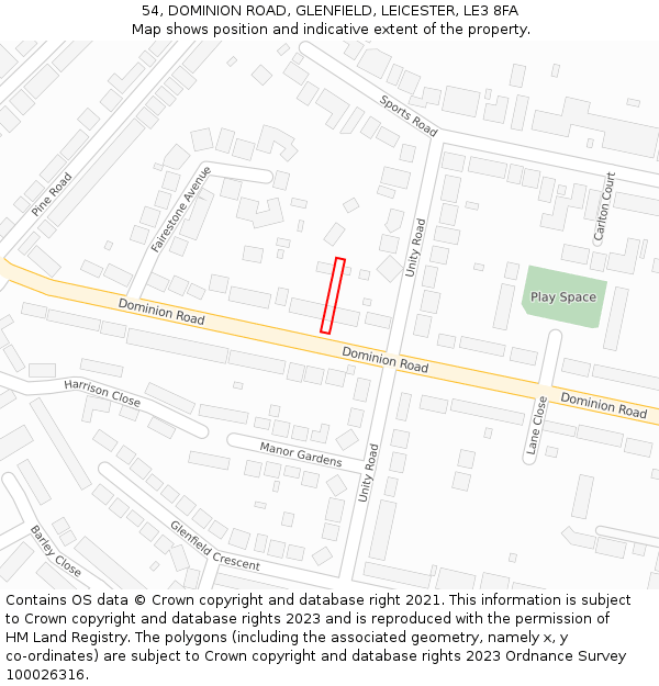 54, DOMINION ROAD, GLENFIELD, LEICESTER, LE3 8FA: Location map and indicative extent of plot