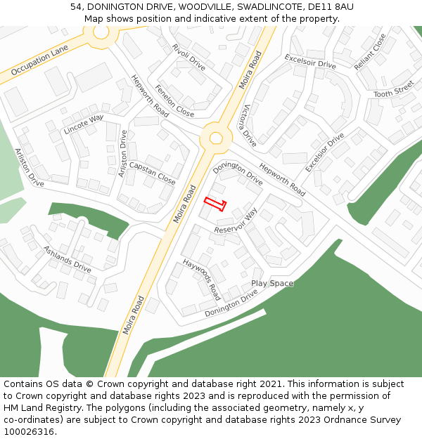 54, DONINGTON DRIVE, WOODVILLE, SWADLINCOTE, DE11 8AU: Location map and indicative extent of plot