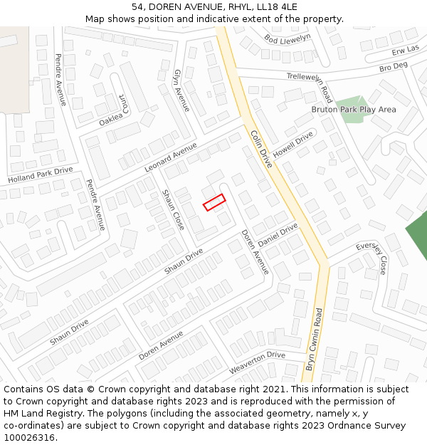 54, DOREN AVENUE, RHYL, LL18 4LE: Location map and indicative extent of plot