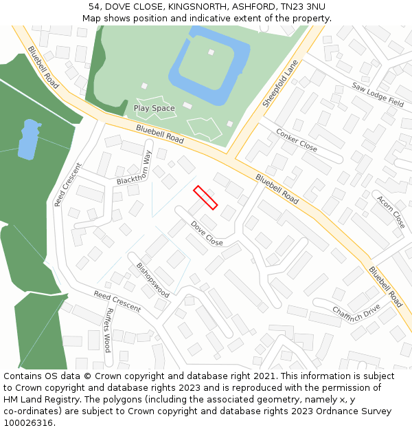 54, DOVE CLOSE, KINGSNORTH, ASHFORD, TN23 3NU: Location map and indicative extent of plot