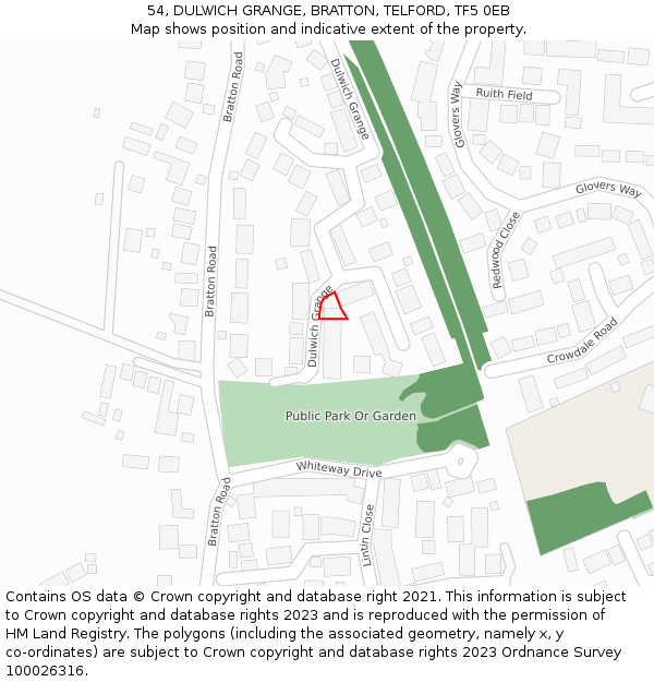 54, DULWICH GRANGE, BRATTON, TELFORD, TF5 0EB: Location map and indicative extent of plot