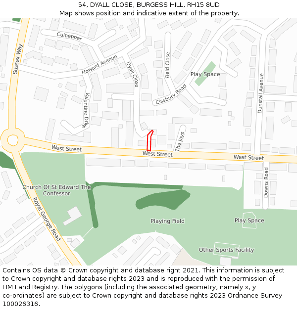 54, DYALL CLOSE, BURGESS HILL, RH15 8UD: Location map and indicative extent of plot