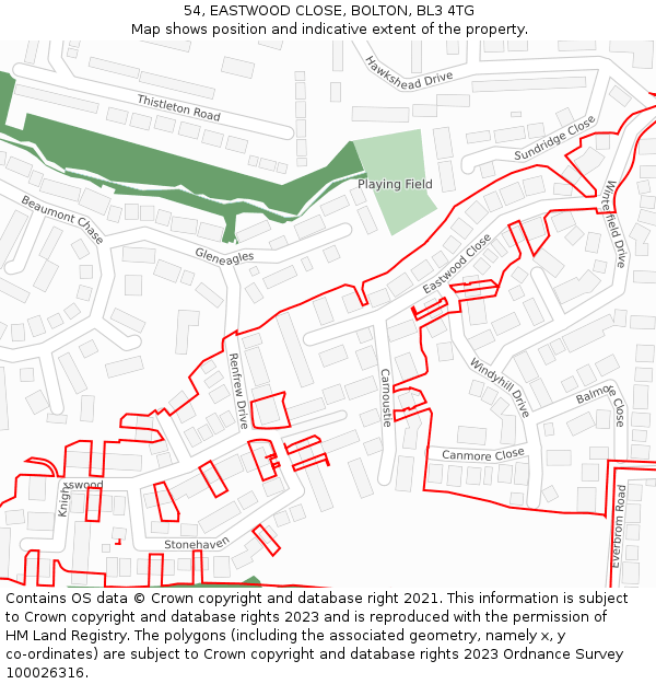 54, EASTWOOD CLOSE, BOLTON, BL3 4TG: Location map and indicative extent of plot