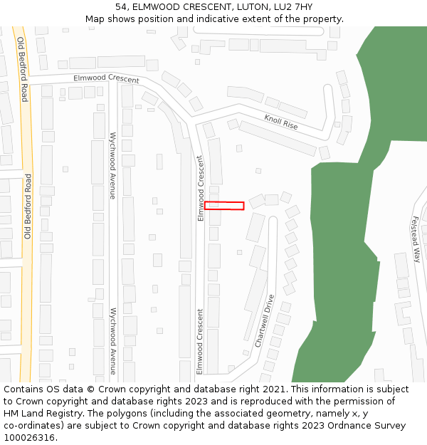 54, ELMWOOD CRESCENT, LUTON, LU2 7HY: Location map and indicative extent of plot