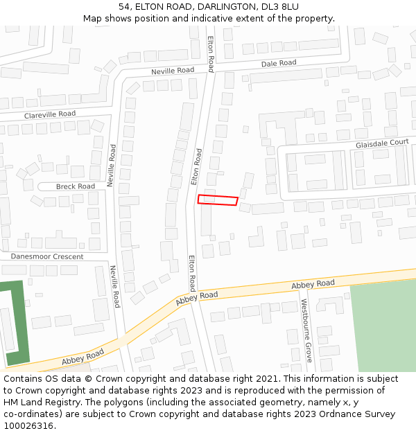 54, ELTON ROAD, DARLINGTON, DL3 8LU: Location map and indicative extent of plot