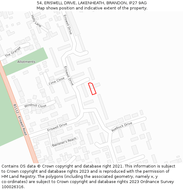 54, ERISWELL DRIVE, LAKENHEATH, BRANDON, IP27 9AG: Location map and indicative extent of plot