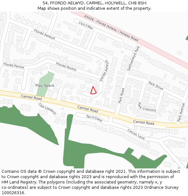 54, FFORDD AELWYD, CARMEL, HOLYWELL, CH8 8SH: Location map and indicative extent of plot