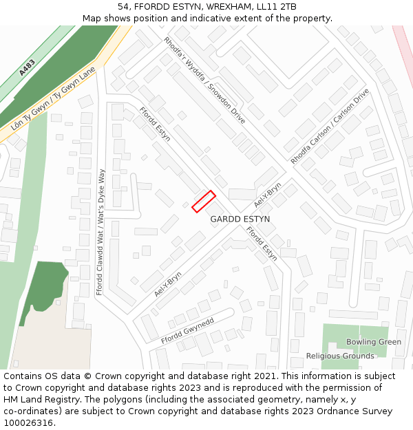54, FFORDD ESTYN, WREXHAM, LL11 2TB: Location map and indicative extent of plot