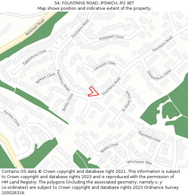 54, FOUNTAINS ROAD, IPSWICH, IP2 9ET: Location map and indicative extent of plot