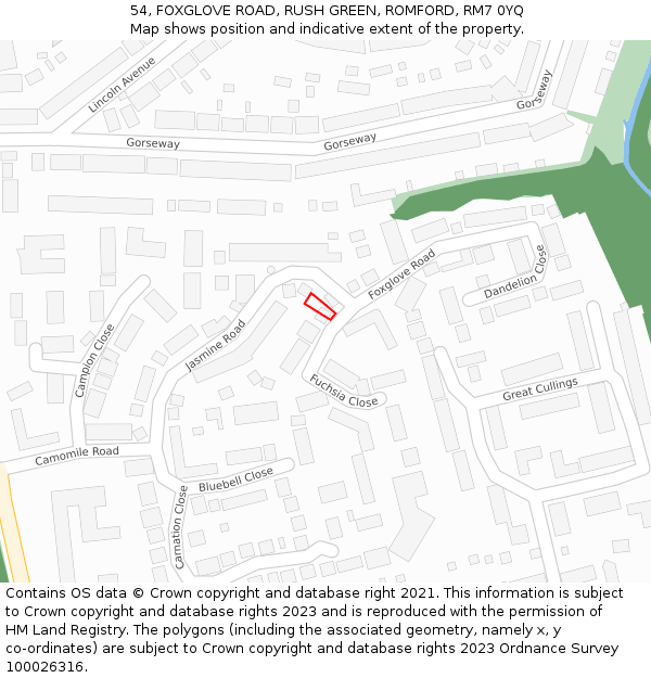 54, FOXGLOVE ROAD, RUSH GREEN, ROMFORD, RM7 0YQ: Location map and indicative extent of plot