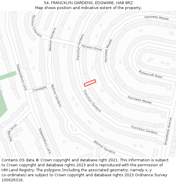 54, FRANCKLYN GARDENS, EDGWARE, HA8 8RZ: Location map and indicative extent of plot