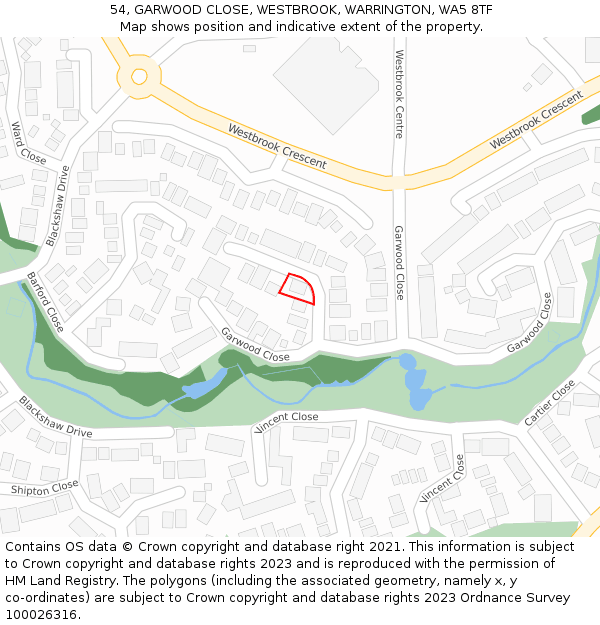 54, GARWOOD CLOSE, WESTBROOK, WARRINGTON, WA5 8TF: Location map and indicative extent of plot