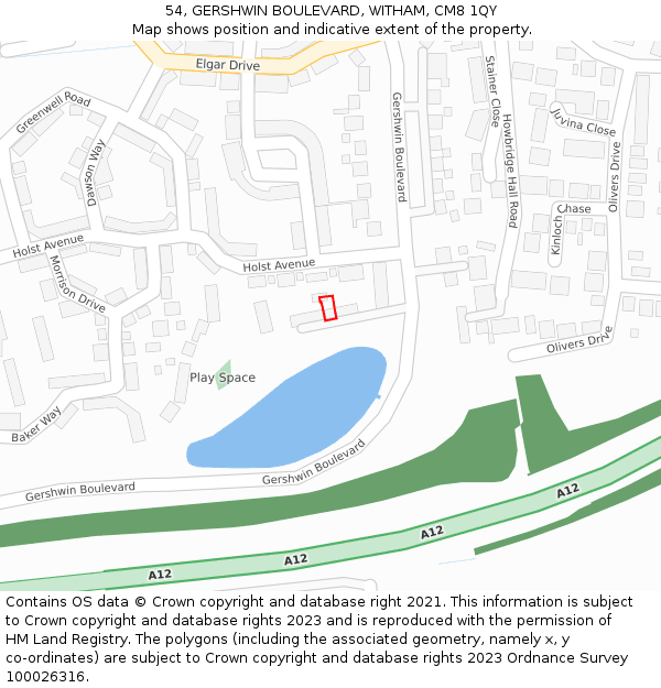 54, GERSHWIN BOULEVARD, WITHAM, CM8 1QY: Location map and indicative extent of plot