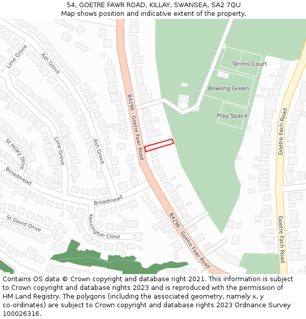 54, GOETRE FAWR ROAD, KILLAY, SWANSEA, SA2 7QU: Location map and indicative extent of plot