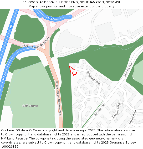 54, GOODLANDS VALE, HEDGE END, SOUTHAMPTON, SO30 4SL: Location map and indicative extent of plot