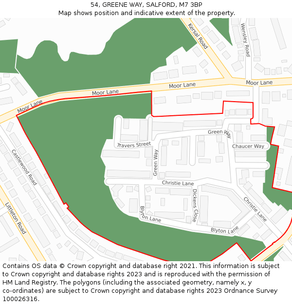 54, GREENE WAY, SALFORD, M7 3BP: Location map and indicative extent of plot