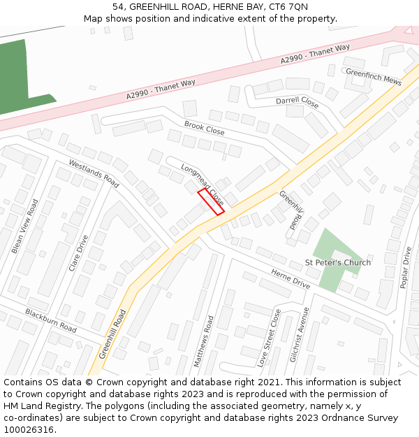 54, GREENHILL ROAD, HERNE BAY, CT6 7QN: Location map and indicative extent of plot