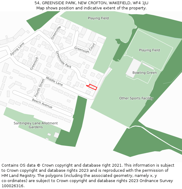 54, GREENSIDE PARK, NEW CROFTON, WAKEFIELD, WF4 1JU: Location map and indicative extent of plot