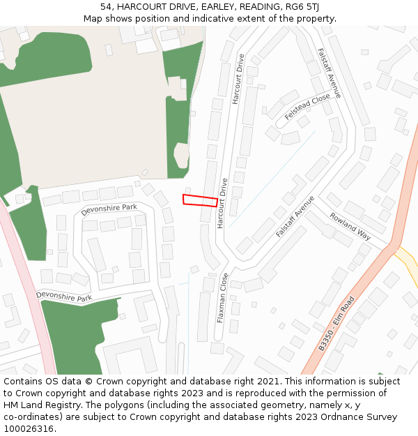 54, HARCOURT DRIVE, EARLEY, READING, RG6 5TJ: Location map and indicative extent of plot