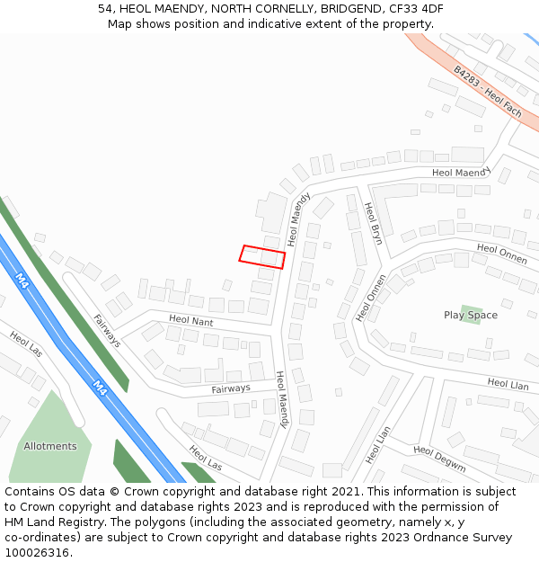 54, HEOL MAENDY, NORTH CORNELLY, BRIDGEND, CF33 4DF: Location map and indicative extent of plot