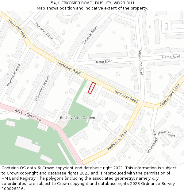 54, HERKOMER ROAD, BUSHEY, WD23 3LU: Location map and indicative extent of plot