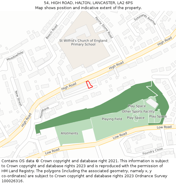 54, HIGH ROAD, HALTON, LANCASTER, LA2 6PS: Location map and indicative extent of plot