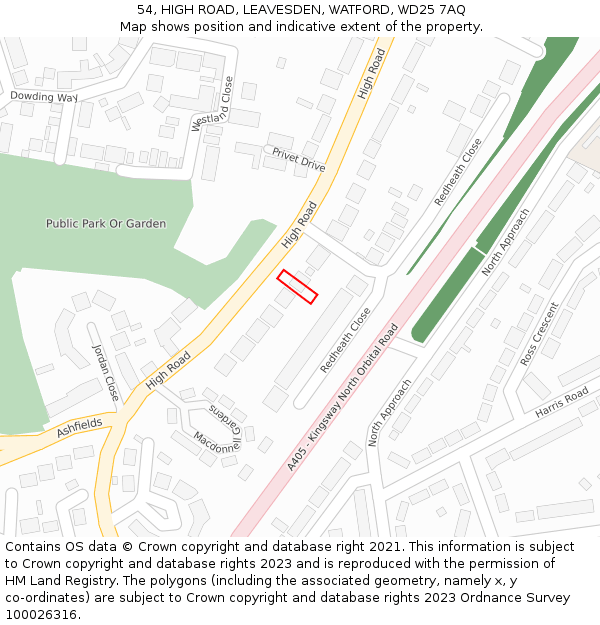 54, HIGH ROAD, LEAVESDEN, WATFORD, WD25 7AQ: Location map and indicative extent of plot