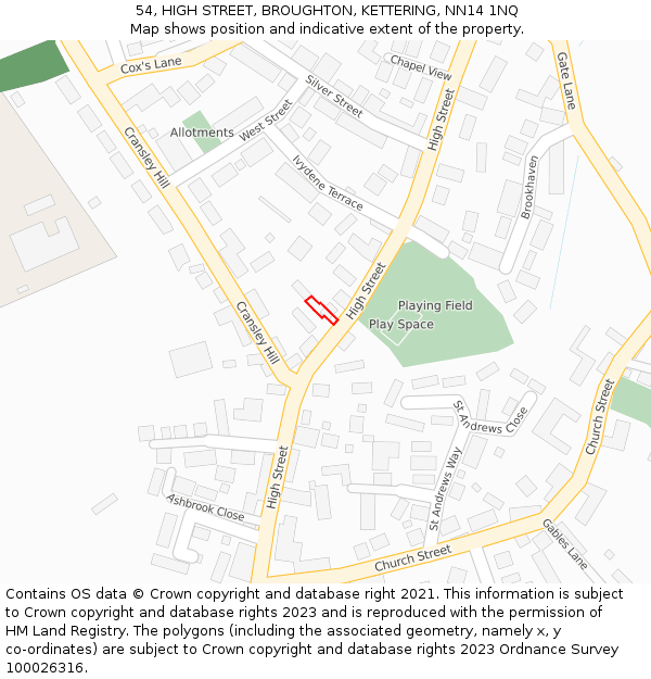 54, HIGH STREET, BROUGHTON, KETTERING, NN14 1NQ: Location map and indicative extent of plot