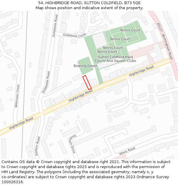 54, HIGHBRIDGE ROAD, SUTTON COLDFIELD, B73 5QE: Location map and indicative extent of plot