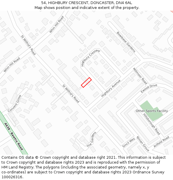 54, HIGHBURY CRESCENT, DONCASTER, DN4 6AL: Location map and indicative extent of plot