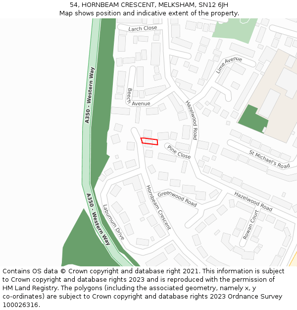 54, HORNBEAM CRESCENT, MELKSHAM, SN12 6JH: Location map and indicative extent of plot